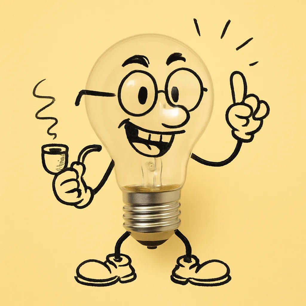 Example output from the Turn Any Products Into Cartoons ChatGPT prompt: fun product-based characters illustrated with black doodle limbs, expressive poses, and clean flat-color backdrops—perfect for stickers and branding. Bulb.
