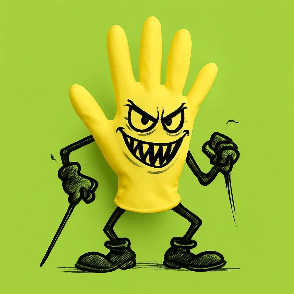 Example output from the Turn Any Products Into Cartoons ChatGPT prompt: fun product-based characters illustrated with black doodle limbs, expressive poses, and clean flat-color backdrops—perfect for stickers and branding. Rubber Gloves.