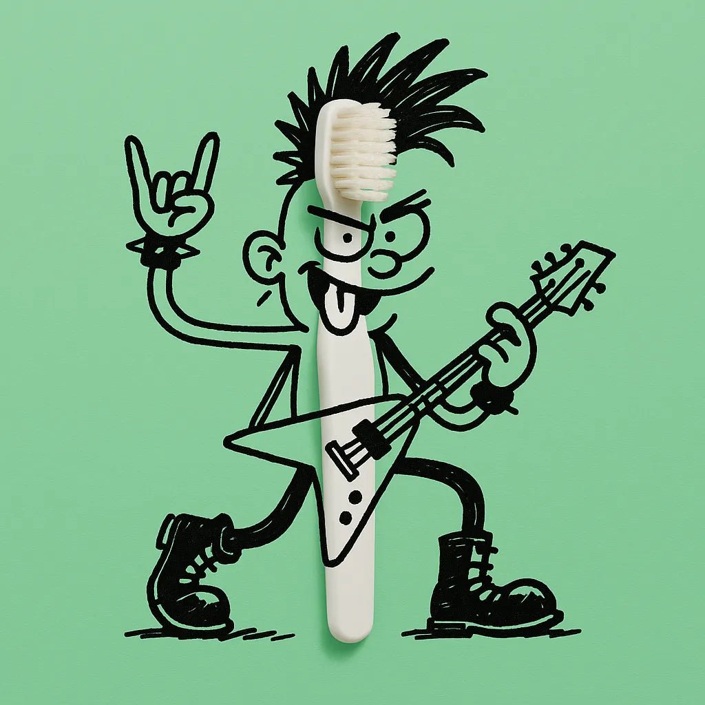 Example output from the Turn Any Products Into Cartoons ChatGPT prompt: fun product-based characters illustrated with black doodle limbs, expressive poses, and clean flat-color backdrops—perfect for stickers and branding. Teethbrush.