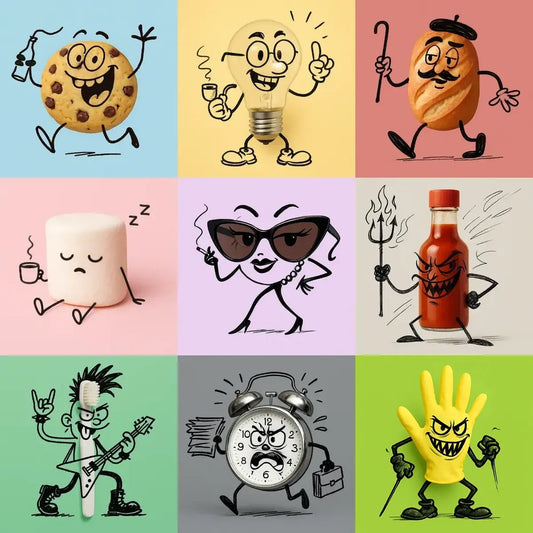 Example output from the Turn Any Products Into Cartoons ChatGPT prompt: fun product-based characters illustrated with black doodle limbs, expressive poses, and clean flat-color backdrops—perfect for stickers and branding.