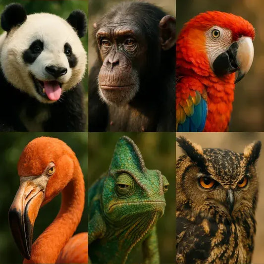 Example output of ultra close-up animal face portraits generated by a ChatGPT prompt template, showcasing a panda, chimpanzee, scarlet macaw, flamingo, chameleon, and owl at a three-quarter angle with vivid detail, precise lighting, and customizable expressions.
