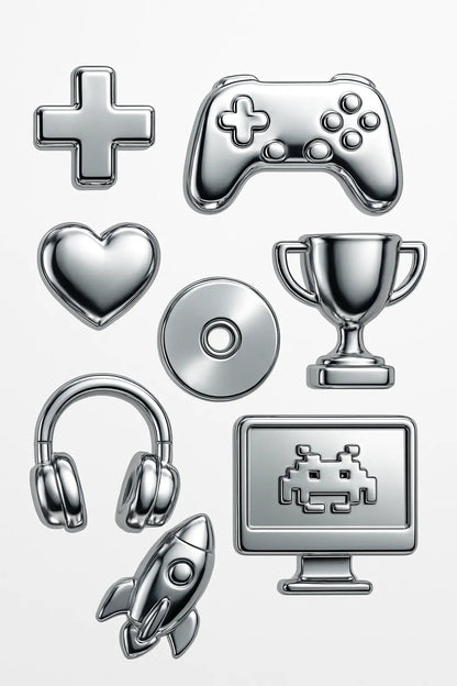 Example output from the Ultra Polished Chrome 3D Icons Pack ChatGPT prompt: Gaming.