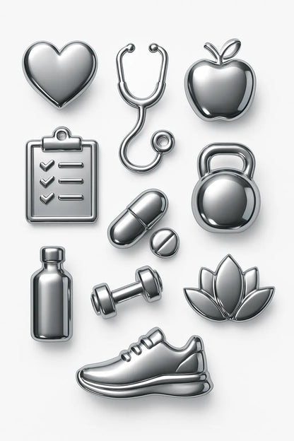 Example output from the Ultra Polished Chrome 3D Icons Pack ChatGPT prompt: Wellness.
