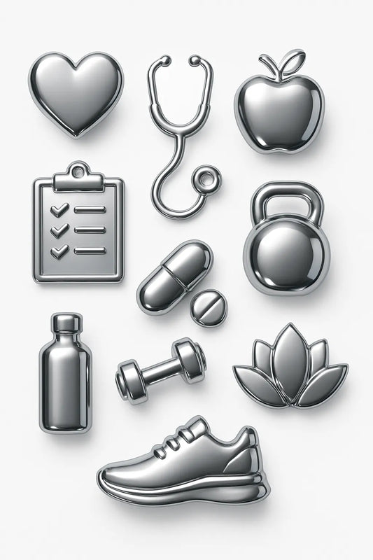 Example output from the Ultra Polished Chrome 3D Icons Pack ChatGPT prompt: Wellness.