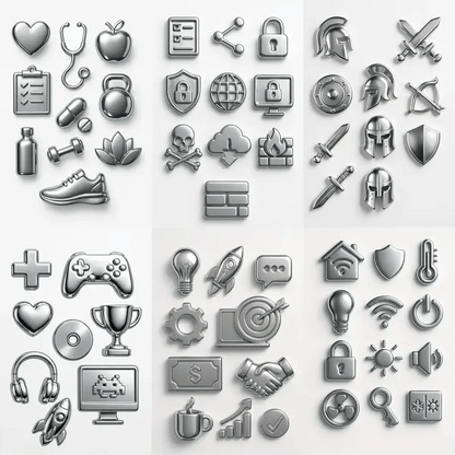 Example output from the Ultra Polished Chrome 3D Icons Pack ChatGPT prompt: a grid of razor-sharp metallic icons in photorealistic chrome with soft lighting, balanced spacing, and a white studio backdrop—ideal for apps and branding.