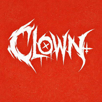 Underground brutalist lettering logo with aggressive hand-drawn typography on a red background, featuring distorted graffiti-style text design: Clown
