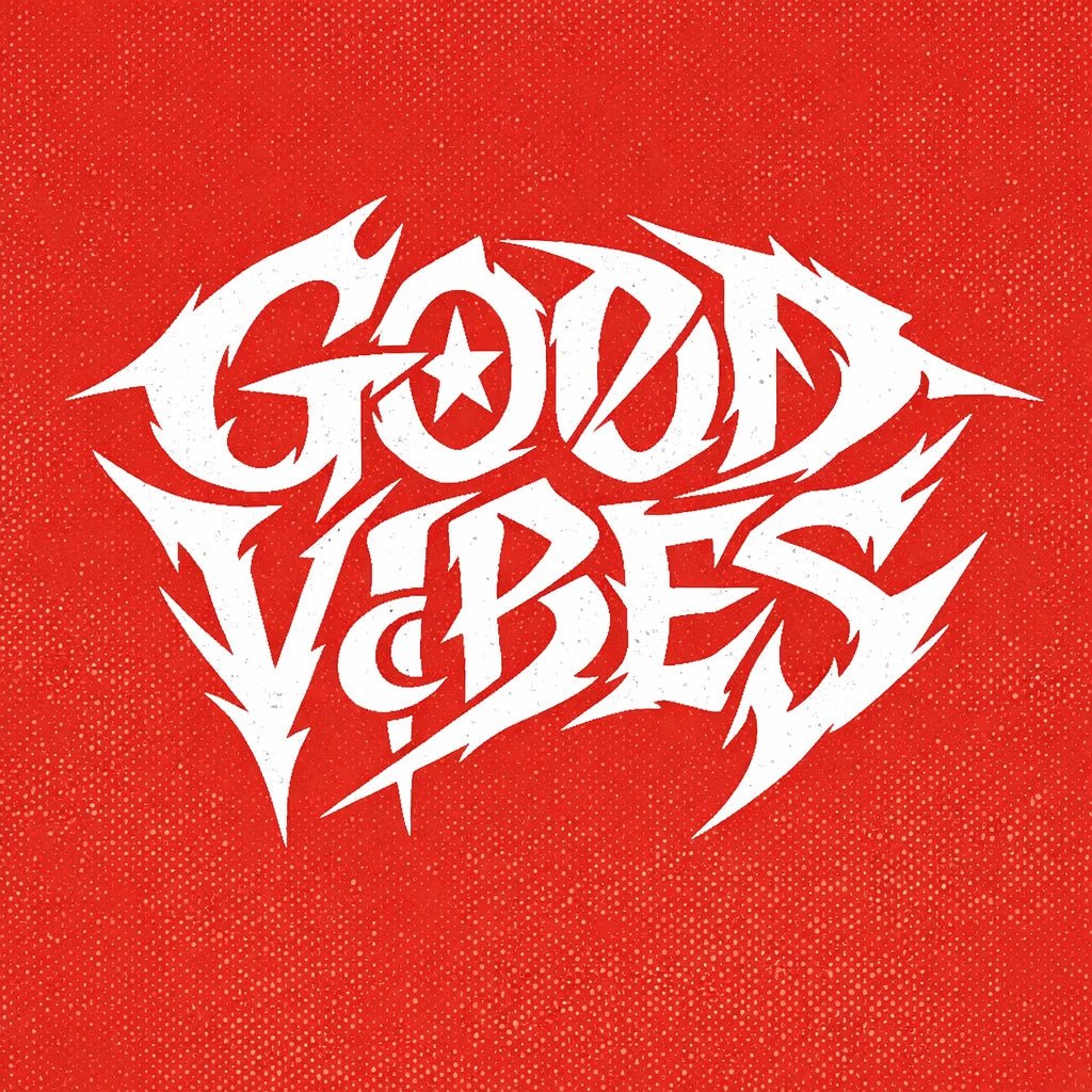 Underground brutalist lettering logo with aggressive hand-drawn typography on a red background, featuring distorted graffiti-style text design: Good Vibes