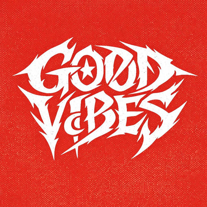 Underground brutalist lettering logo with aggressive hand-drawn typography on a red background, featuring distorted graffiti-style text design: Good Vibes