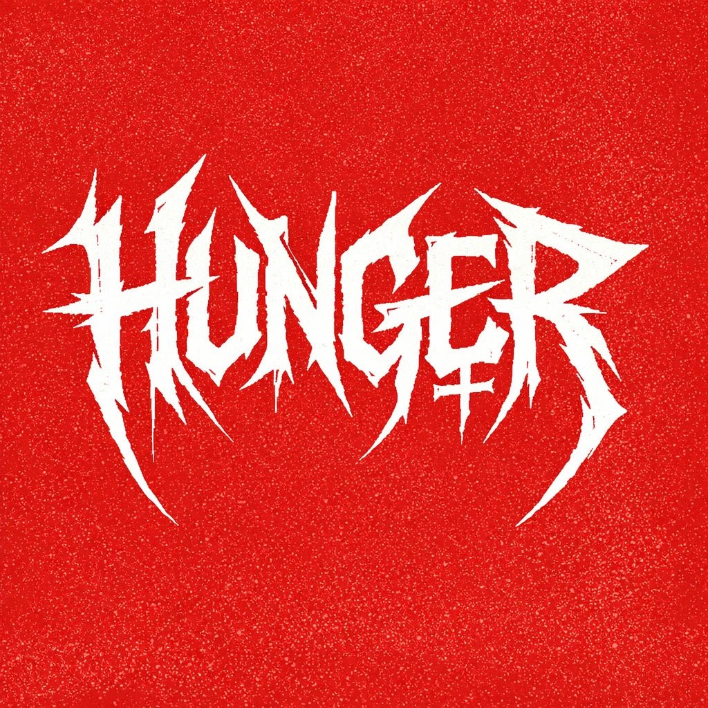 Underground brutalist lettering logo with aggressive hand-drawn typography on a red background, featuring distorted graffiti-style text design: Hunger