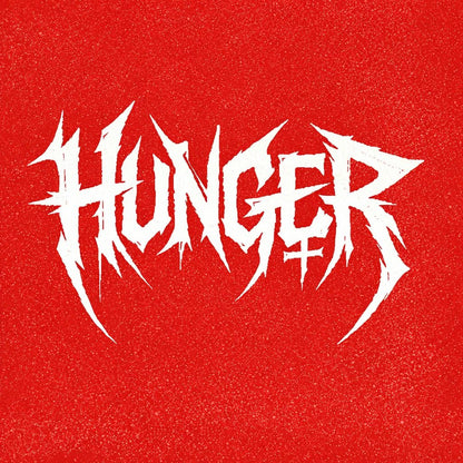 Underground brutalist lettering logo with aggressive hand-drawn typography on a red background, featuring distorted graffiti-style text design: Hunger