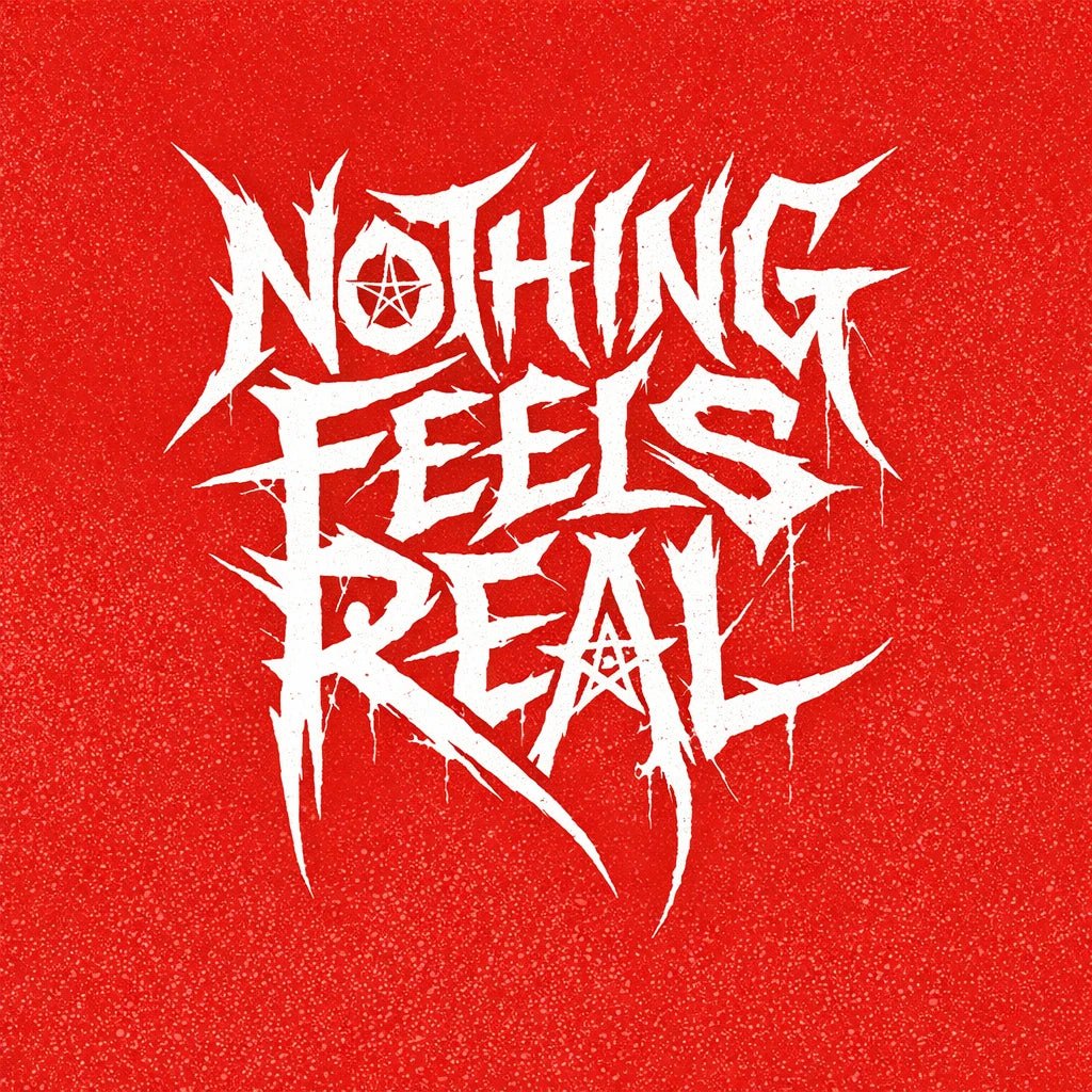 Underground brutalist lettering logo with aggressive hand-drawn typography on a red background, featuring distorted graffiti-style text design: Nothing Feels Real