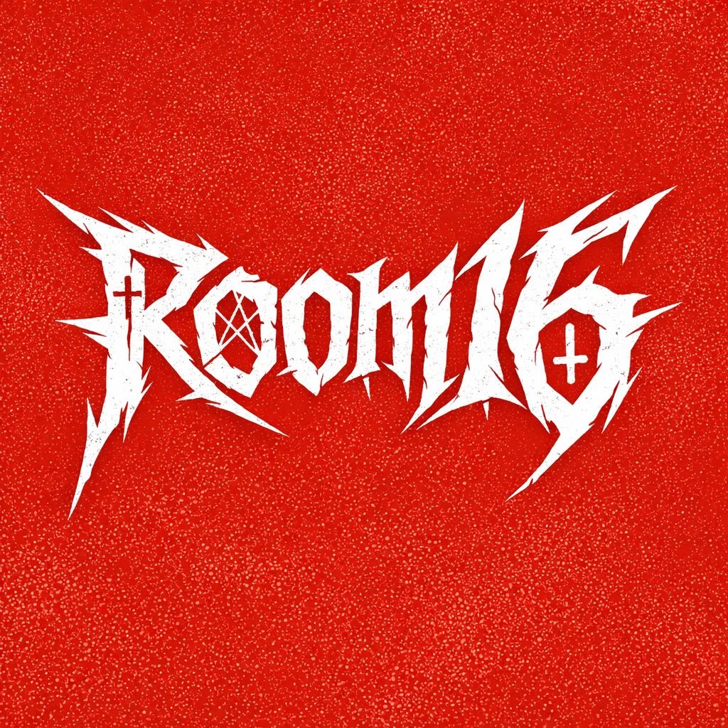 Underground brutalist lettering logo with aggressive hand-drawn typography on a red background, featuring distorted graffiti-style text design: Room 16
