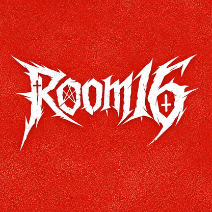 Underground brutalist lettering logo with aggressive hand-drawn typography on a red background, featuring distorted graffiti-style text design: Room 16