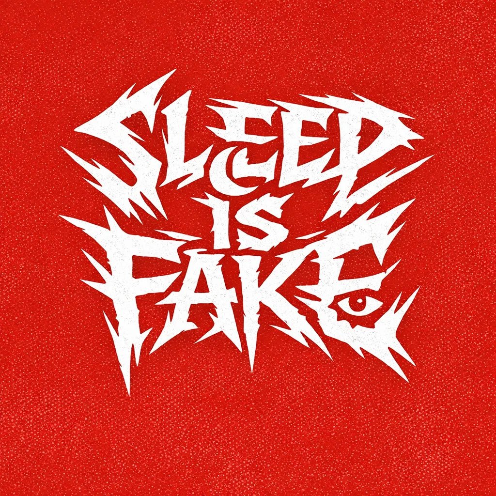 Underground brutalist lettering logo with aggressive hand-drawn typography on a red background, featuring distorted graffiti-style text design: Sleep is Fake