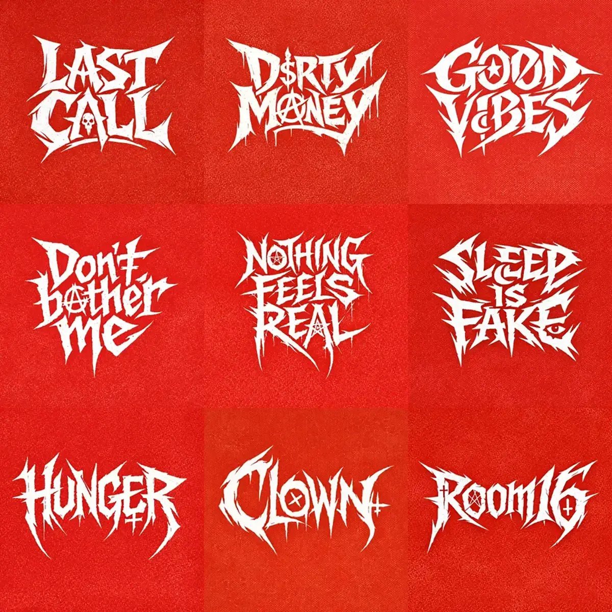 Nine Underground brutalist lettering logos with aggressive hand-drawn typography on a red background, featuring distorted graffiti-style text designs.