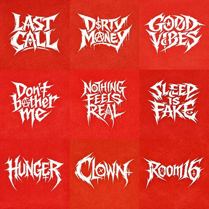 Nine Underground brutalist lettering logos with aggressive hand-drawn typography on a red background, featuring distorted graffiti-style text designs.