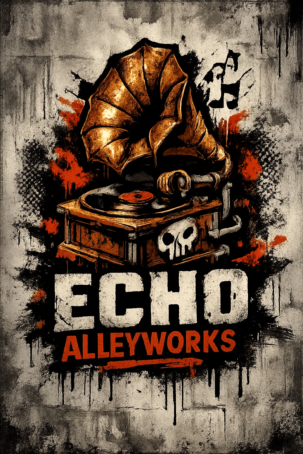 Example output from the Urban Spray Brand Mascot Logos ChatGPT prompt: an Echo Alleyworks mascot logo in grunge spray paint and stencil textures on a concrete wall.