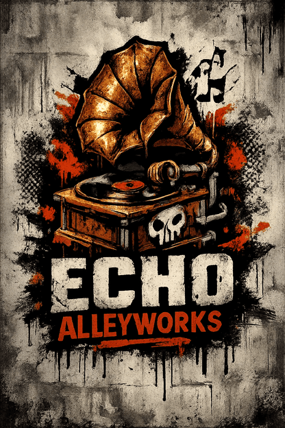 Example output from the Urban Spray Brand Mascot Logos ChatGPT prompt: an Echo Alleyworks mascot logo in grunge spray paint and stencil textures on a concrete wall.