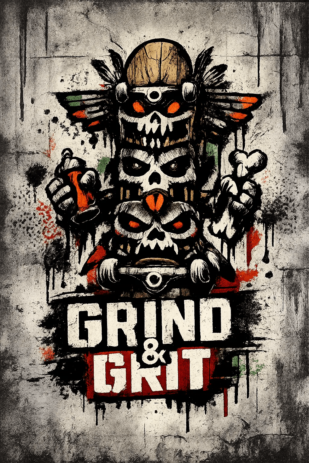 Example output from the Urban Spray Brand Mascot Logos ChatGPT prompt: a Grind and Grit logo with a stacked skull skater mascot in red and grey spray paint on a concrete wall.
