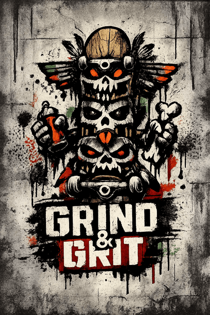 Example output from the Urban Spray Brand Mascot Logos ChatGPT prompt: a Grind and Grit logo with a stacked skull skater mascot in red and grey spray paint on a concrete wall.