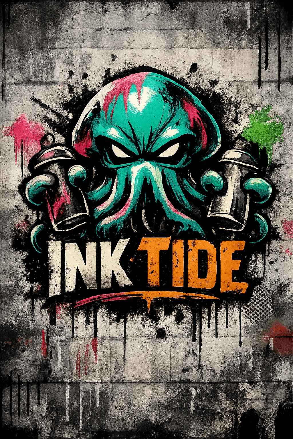 Example output from the Urban Spray Brand Mascot Logos ChatGPT prompt: an Ink Tide logo with a teal octopus mascot holding spray cans on a concrete wall.