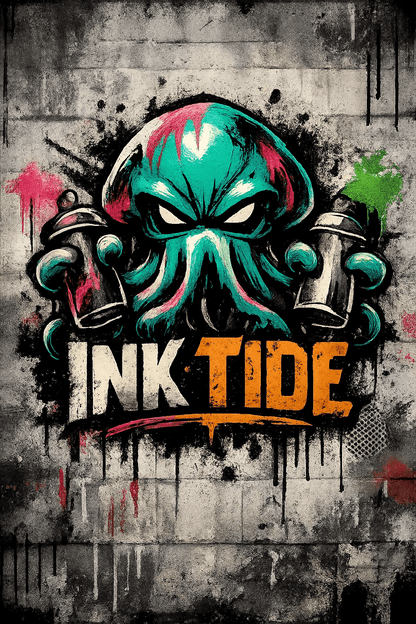 Example output from the Urban Spray Brand Mascot Logos ChatGPT prompt: an Ink Tide logo with a teal octopus mascot holding spray cans on a concrete wall.