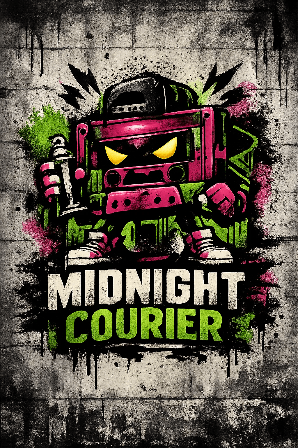 Example output from the Urban Spray Brand Mascot Logos ChatGPT prompt: a Midnight Courier logo with a boombox robot mascot in pink and green spray paint on a concrete wall.