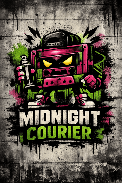 Example output from the Urban Spray Brand Mascot Logos ChatGPT prompt: a Midnight Courier logo with a boombox robot mascot in pink and green spray paint on a concrete wall.