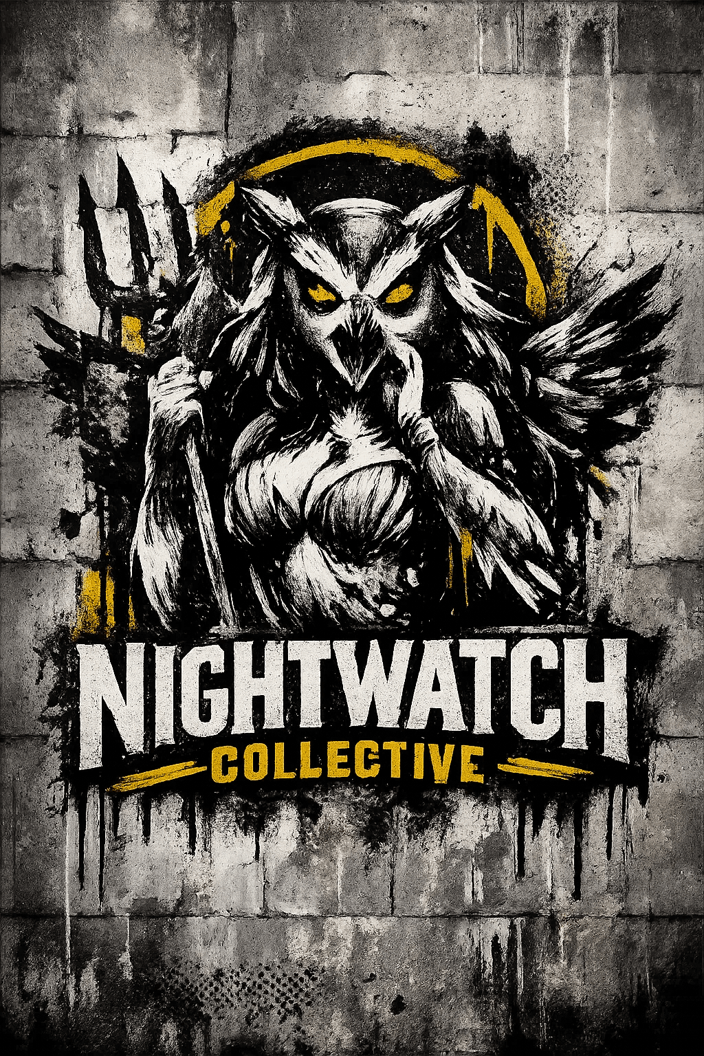 Example output from the Urban Spray Brand Mascot Logos ChatGPT prompt: a Nightwatch Collective mascot logo in grunge spray paint and stencil textures on a concrete wall.