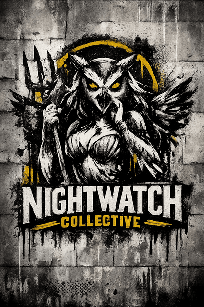 Example output from the Urban Spray Brand Mascot Logos ChatGPT prompt: a Nightwatch Collective mascot logo in grunge spray paint and stencil textures on a concrete wall.