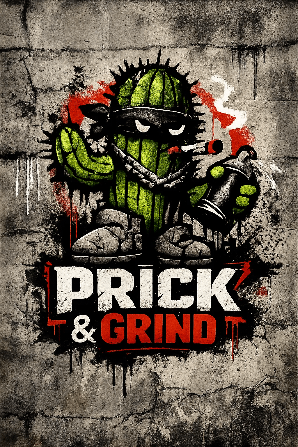 Example output from the Urban Spray Brand Mascot Logos ChatGPT prompt: a Prick and Grind mascot logo in grunge spray paint and stencil textures on a concrete wall.