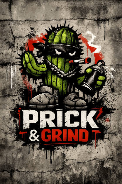 Example output from the Urban Spray Brand Mascot Logos ChatGPT prompt: a Prick and Grind mascot logo in grunge spray paint and stencil textures on a concrete wall.