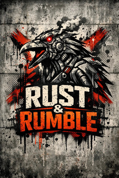 Example output from the Urban Spray Brand Mascot Logos ChatGPT prompt: a Rust and Rumble logo with a mechanical raven mascot in red and grey spray paint on a concrete wall.