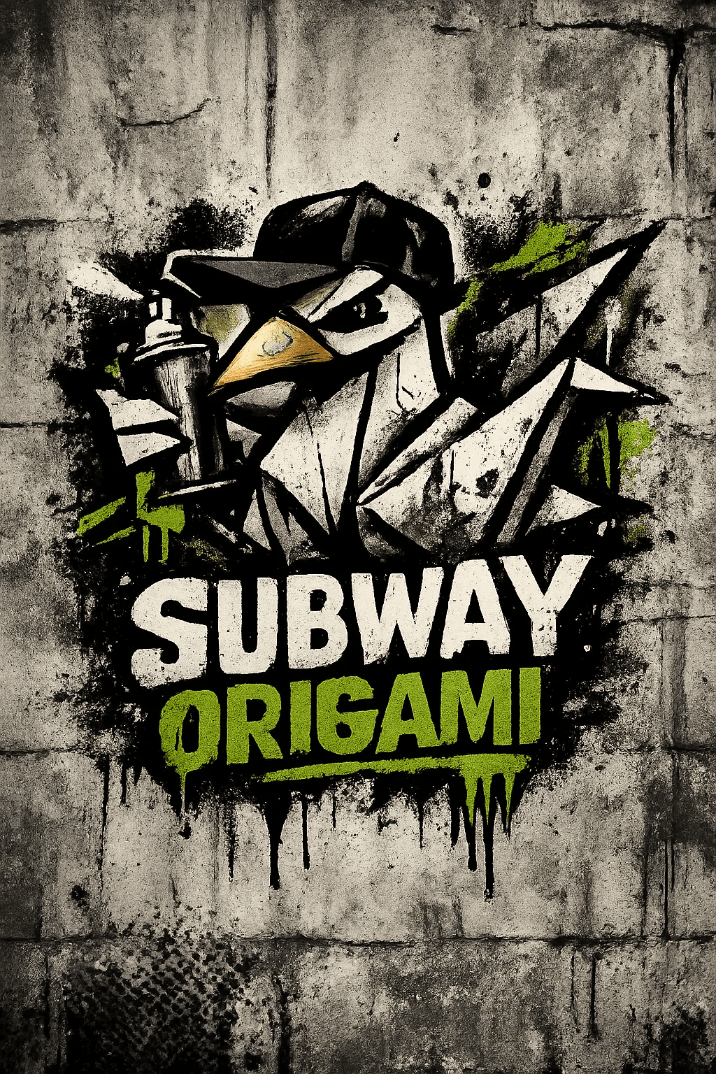 Example output from the Urban Spray Brand Mascot Logos ChatGPT prompt: a Subway Origami logo with a folded paper bird mascot in a cap holding a spray can on a concrete wall.