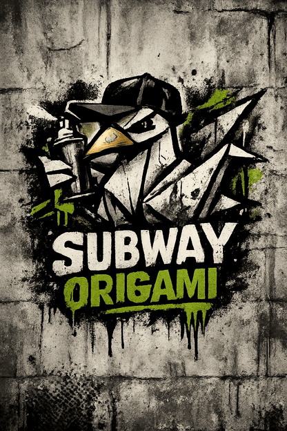 Example output from the Urban Spray Brand Mascot Logos ChatGPT prompt: a Subway Origami logo with a folded paper bird mascot in a cap holding a spray can on a concrete wall.