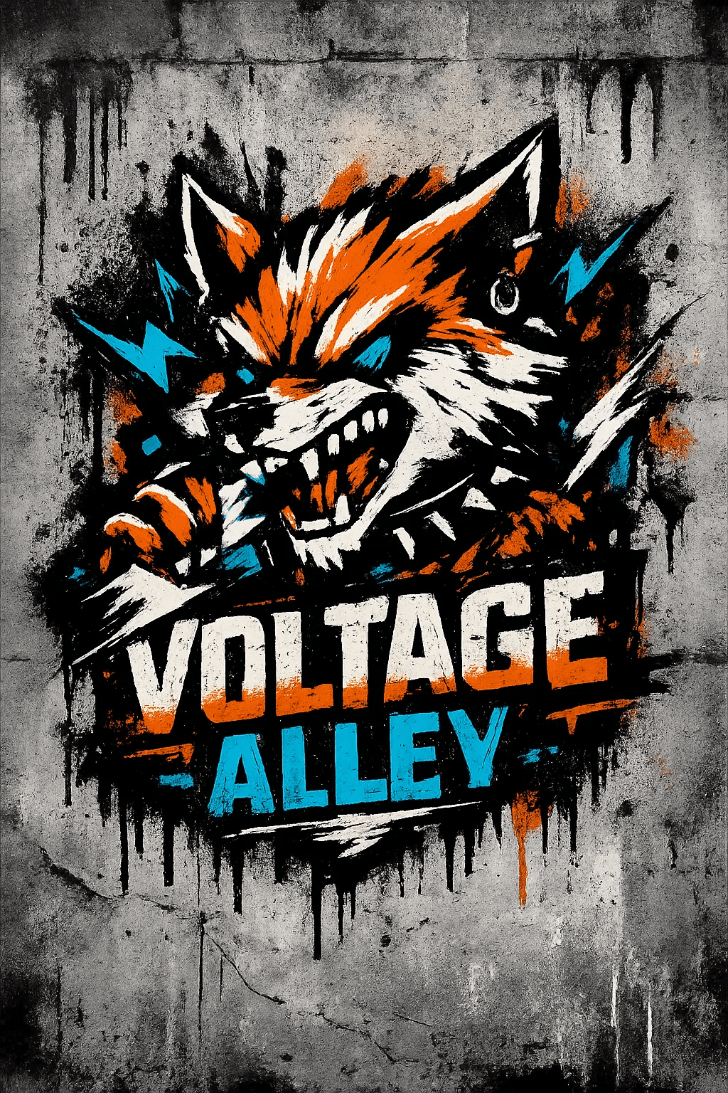Example output from the Urban Spray Brand Mascot Logos ChatGPT prompt: a Voltage Alley logo with a snarling fox mascot in orange and blue spray paint on a concrete wall.