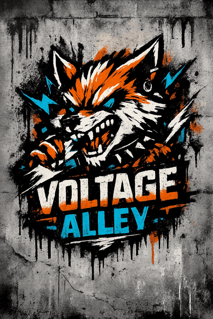 Example output from the Urban Spray Brand Mascot Logos ChatGPT prompt: a Voltage Alley logo with a snarling fox mascot in orange and blue spray paint on a concrete wall.