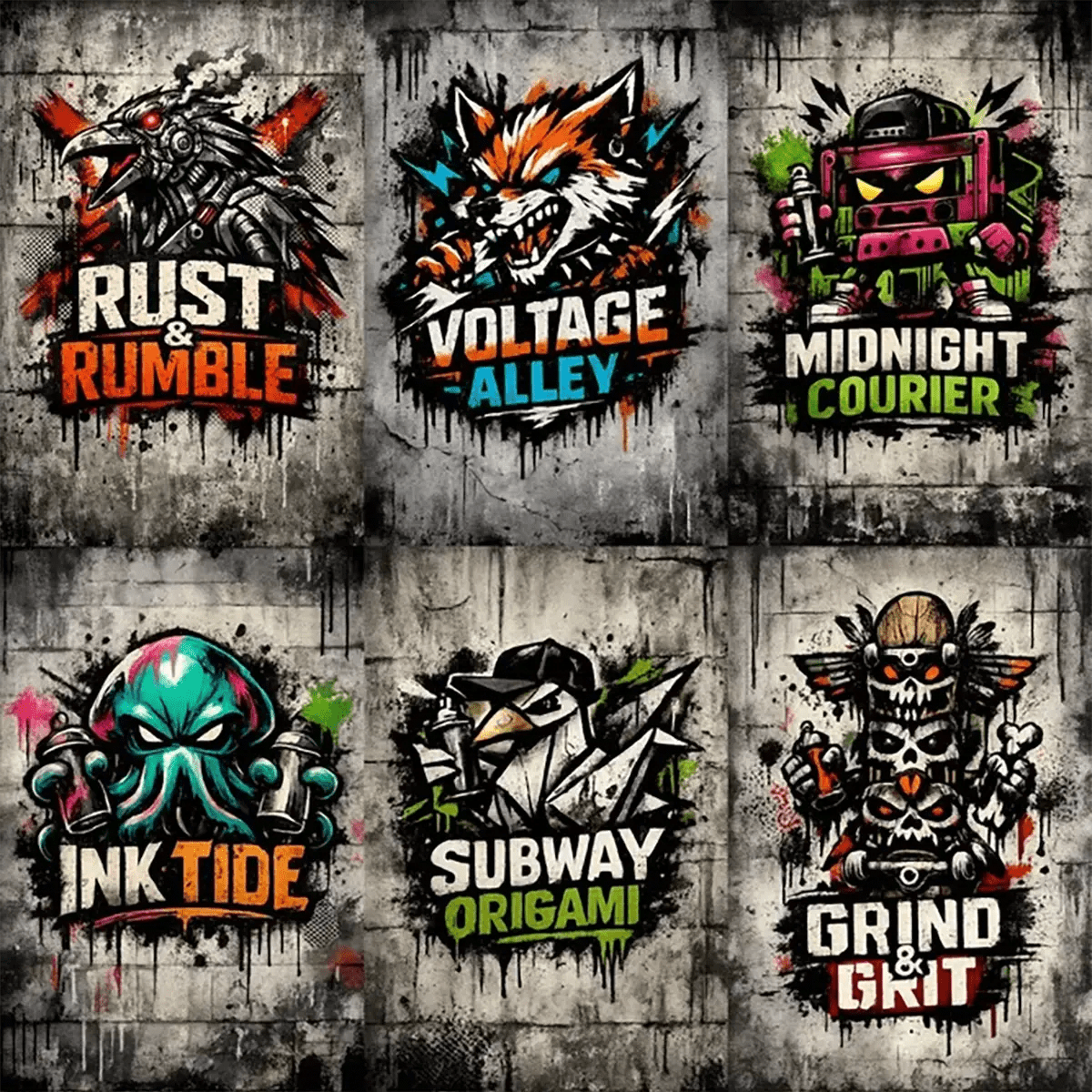 Example output from the Urban Spray Brand Mascot Logos ChatGPT prompt: a six-logo grid of grunge spray-paint mascot marks on concrete walls, reading Rust and Rumble, Voltage Alley, Midnight Courier, Ink Tide, Subway Origami and Grind and Grit.