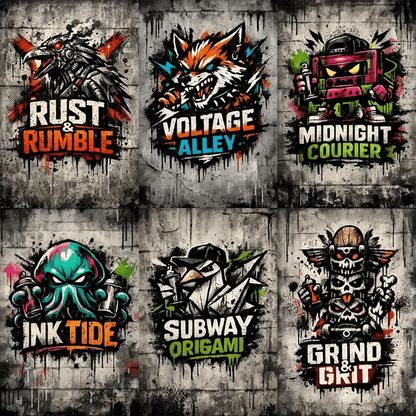 Example output from the Urban Spray Brand Mascot Logos ChatGPT prompt: a six-logo grid of grunge spray-paint mascot marks on concrete walls, reading Rust and Rumble, Voltage Alley, Midnight Courier, Ink Tide, Subway Origami and Grind and Grit.