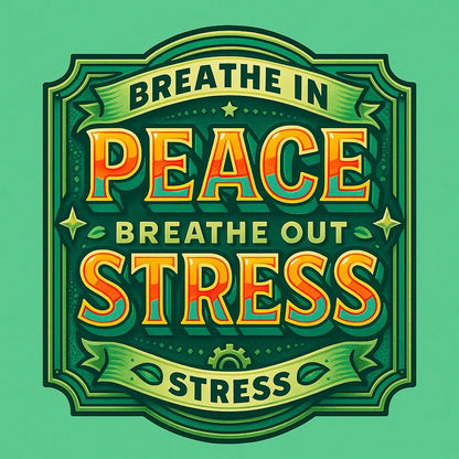 Example output from the Vector Multicolor Badges For Bold Quotes ChatGPT prompt: retro-style vector quote badges with bold fonts. Breathe in Peace Breathe Out Stress.
