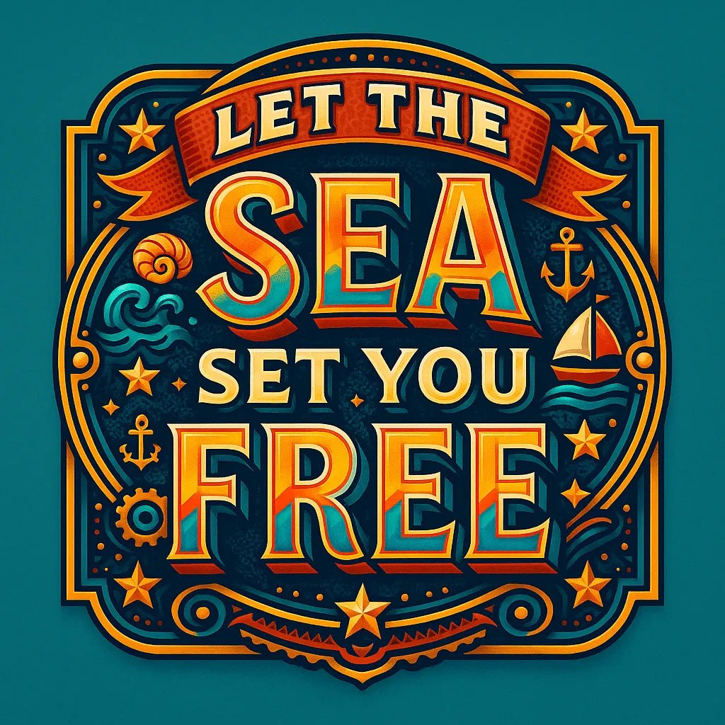 Example output from the Vector Multicolor Badges For Bold Quotes ChatGPT prompt: retro-style vector quote badges with bold fonts. Let The Sea Set out Free.