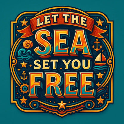 Example output from the Vector Multicolor Badges For Bold Quotes ChatGPT prompt: retro-style vector quote badges with bold fonts. Let The Sea Set out Free.