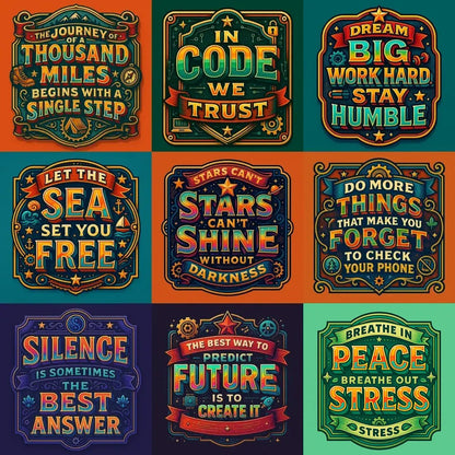 Example output from the Vector Multicolor Badges For Bold Quotes ChatGPT prompt: retro-style vector quote badges with bold fonts, vibrant gradients, layered frames, and 3D text—ideal for apparel, branding, and social media.