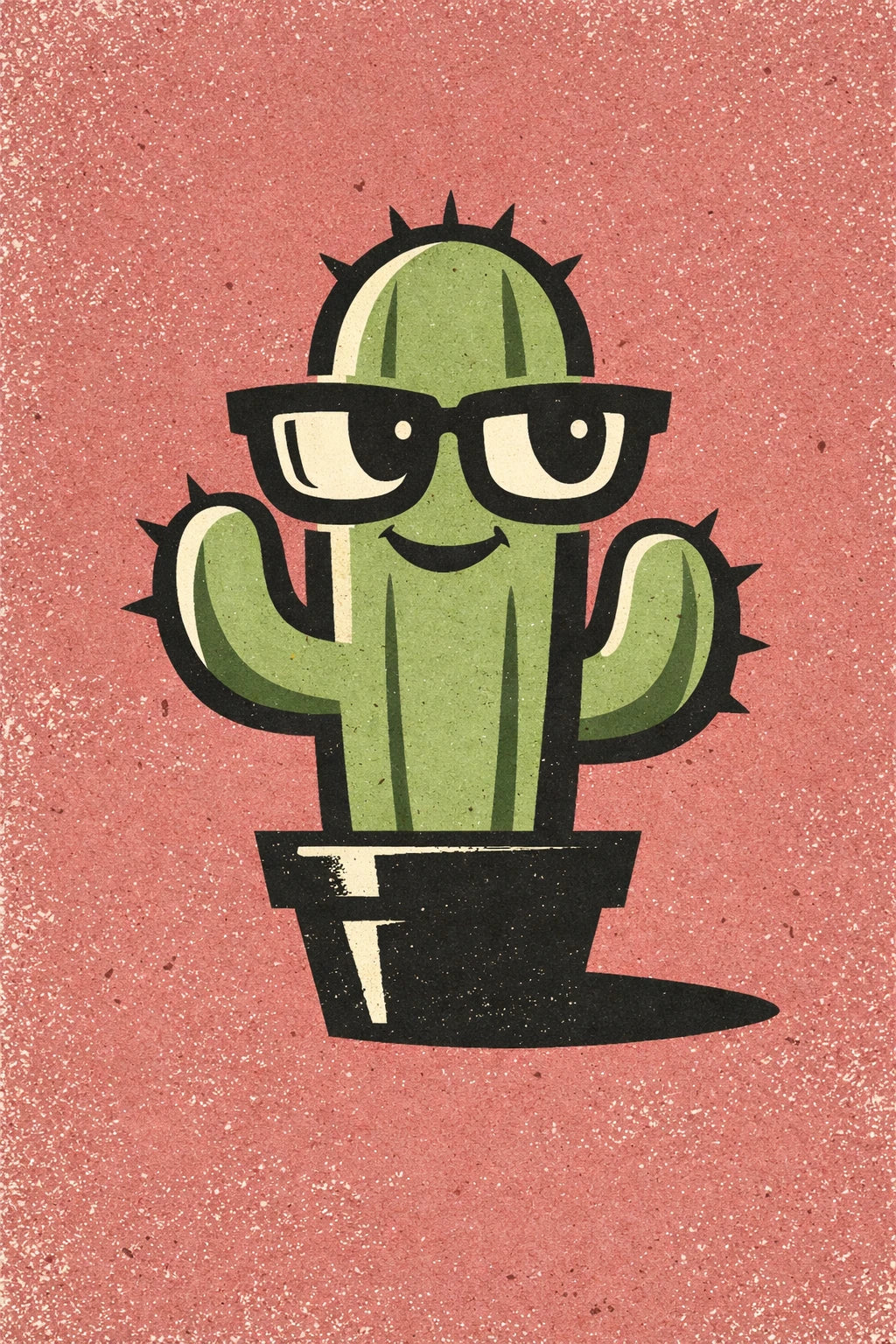 Example output from the Vector Stoic Character Designs ChatGPT prompt: a mid-century vector cactus mascot in thick glasses on a textured pink background.