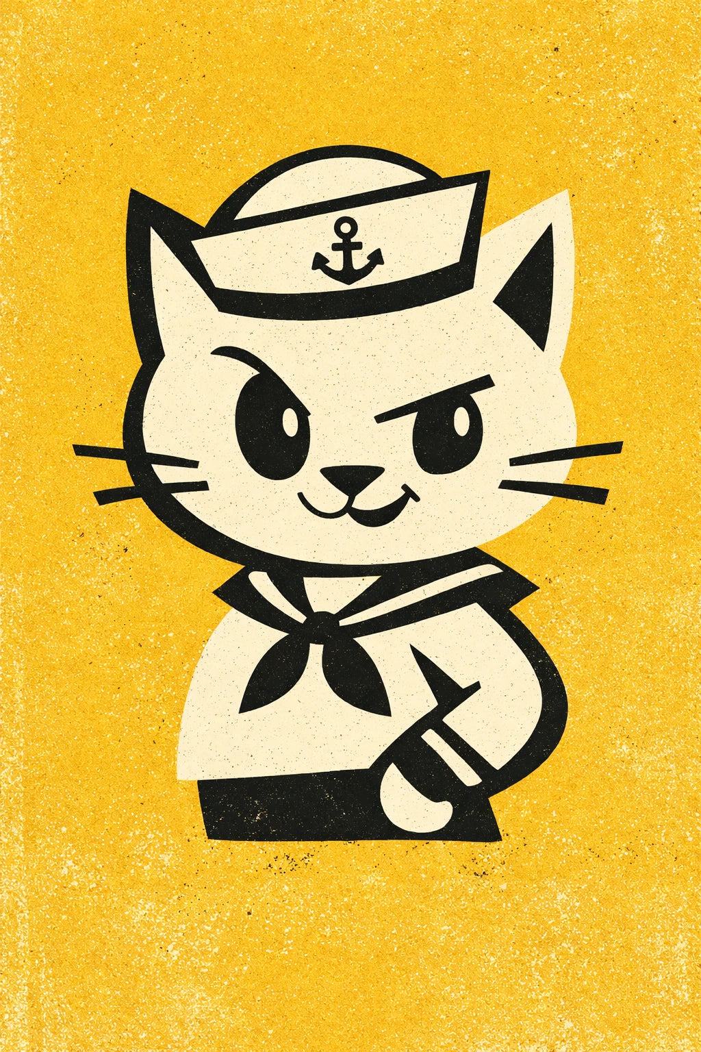Example output from the Vector Stoic Character Designs ChatGPT prompt: a mid-century vector cat mascot in a sailor cap and neckerchief on a textured yellow background.