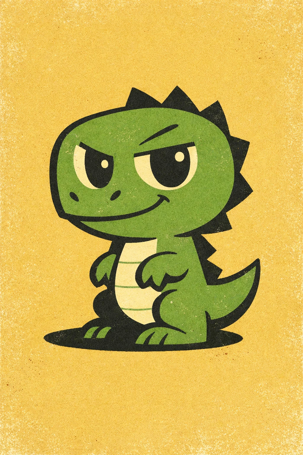 Example output from the Vector Stoic Character Designs ChatGPT prompt: a mid-century vector dinosaur mascot with a smug expression on a textured yellow background.