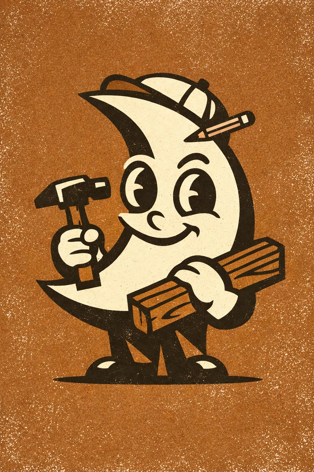 Example output from the Vector Stoic Character Designs ChatGPT prompt: a mid-century vector moon mascot in clean geometric shapes with vintage print texture.
