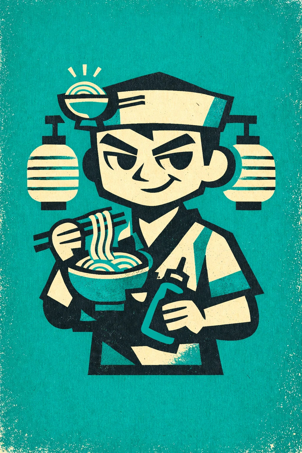 Example output from the Vector Stoic Character Designs ChatGPT prompt: a mid-century vector noodle vendor mascot in clean geometric shapes with vintage print texture.