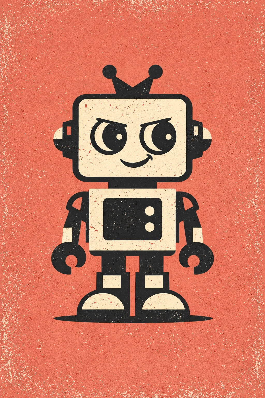 Example output from the Vector Stoic Character Designs ChatGPT prompt: a mid-century vector robot mascot with a boxy head and antenna on a textured red background.