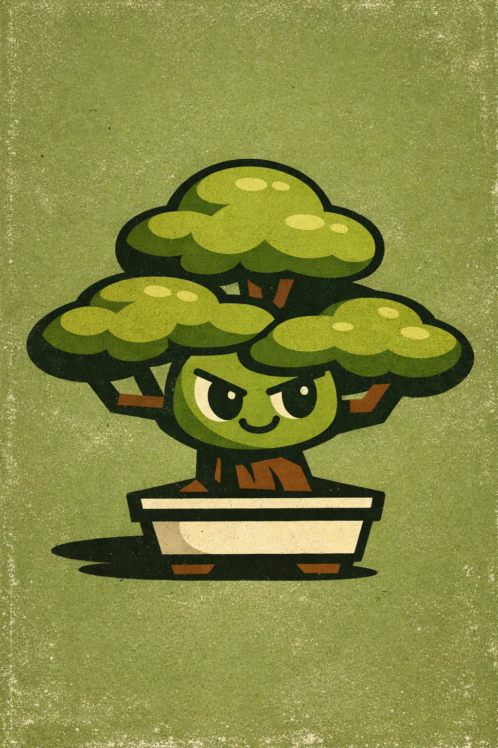 Example output from the Vector Stoic Character Designs ChatGPT prompt: a mid-century vector tree mascot in clean geometric shapes with vintage print texture.